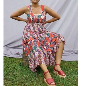 Anthropologie square Neck‎ Patchwork Floral Tiered Maxi Dress Boho Eclectic Farm